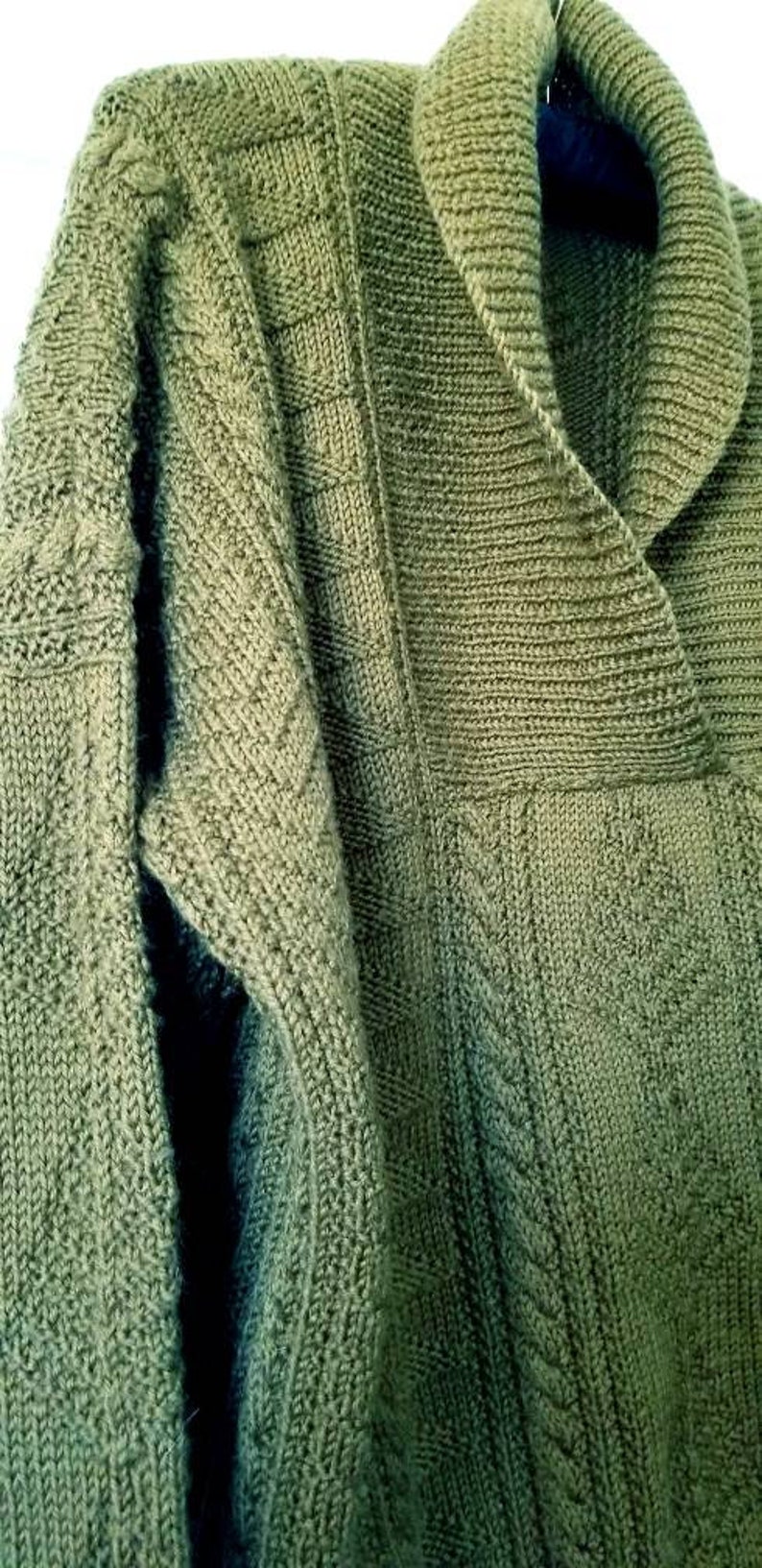 Hand Knitted Khaki Green Wool Shawl Collar Pullover Sweater. L - Etsy