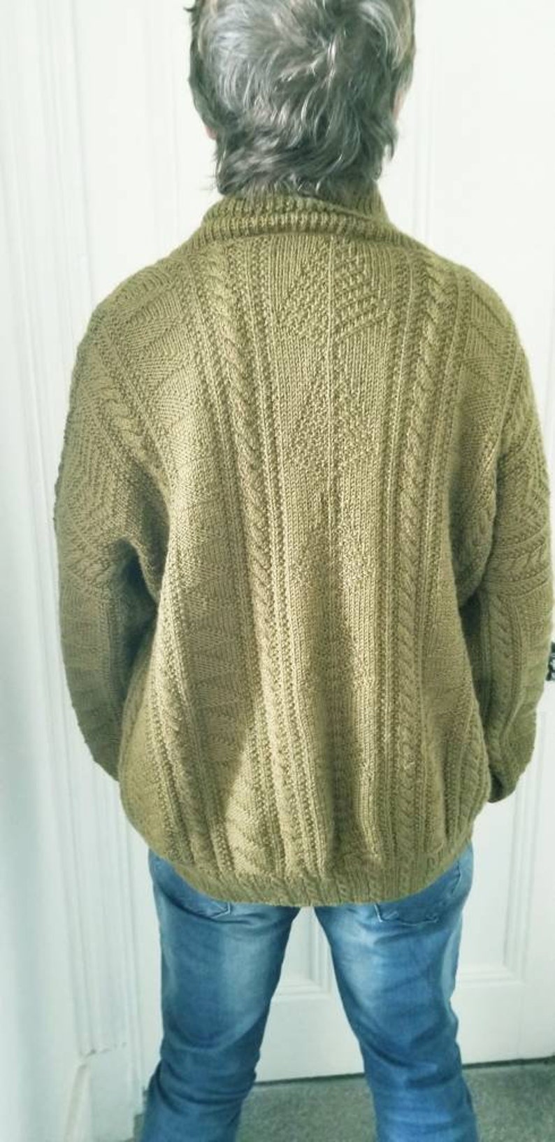 Hand Knitted Khaki Green Wool Shawl Collar Pullover Sweater. L - Etsy