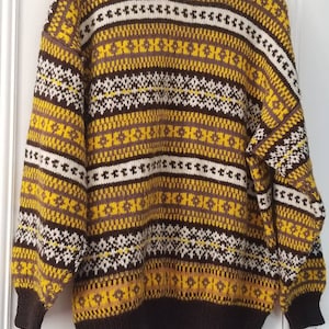 XL handknit fairisle. Bold mustard, brown,  grey, camel and white wool mix. Gender neutral