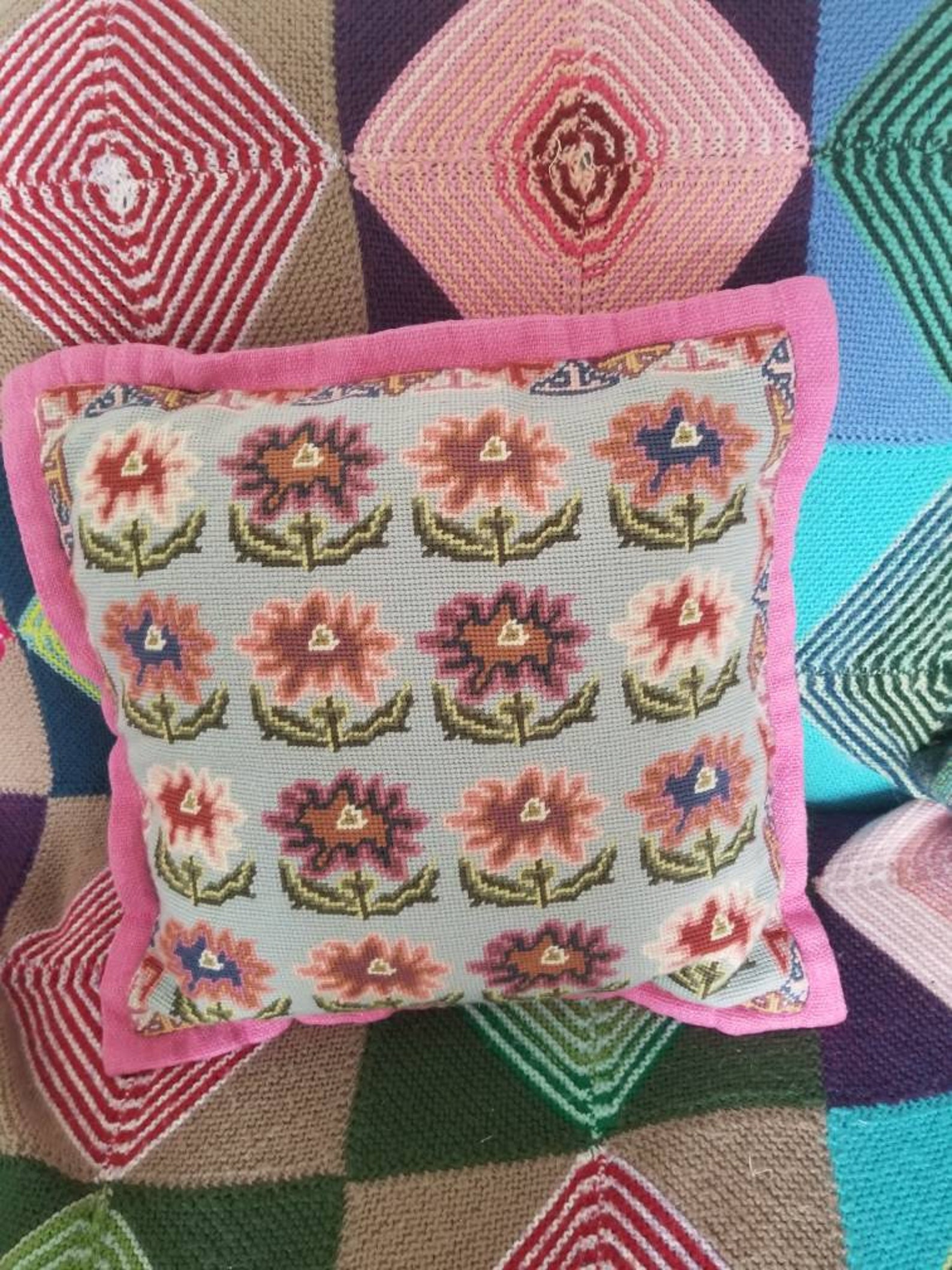Kaffe Fassett Needlepoint Cushion Floral Wool Pink Pale Blue Etsy
