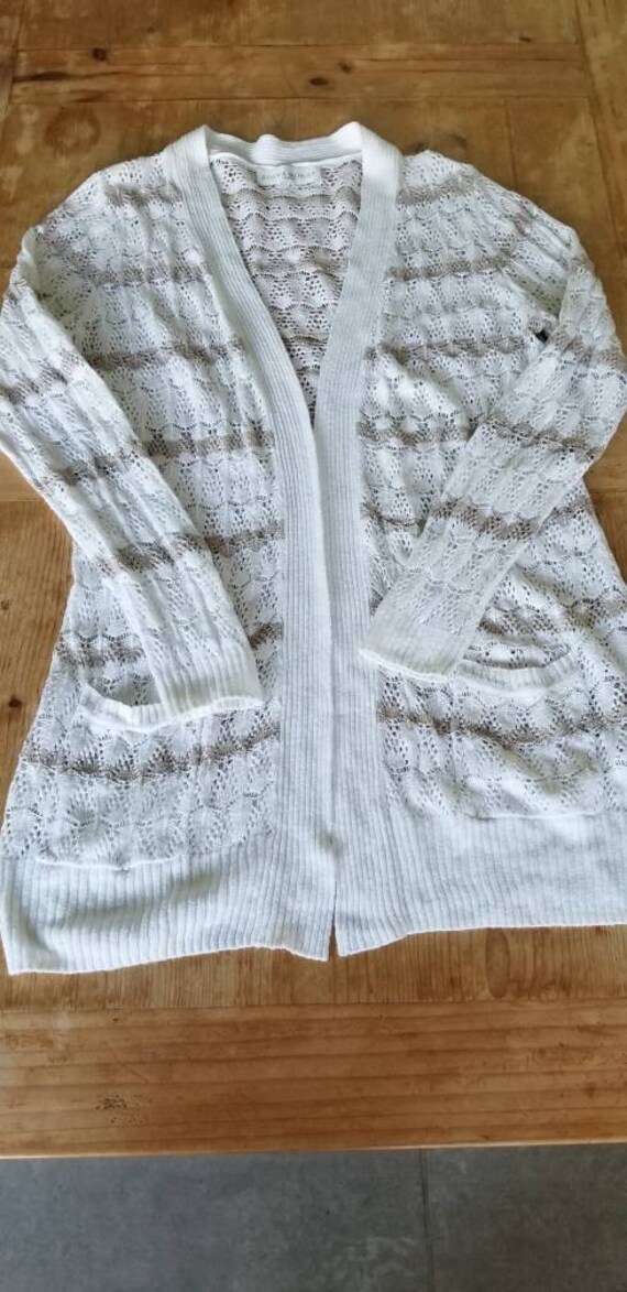 redbeachgirl Edina Ronay White Gold Linen Cotton Lace Long Cardigan 70s Era L