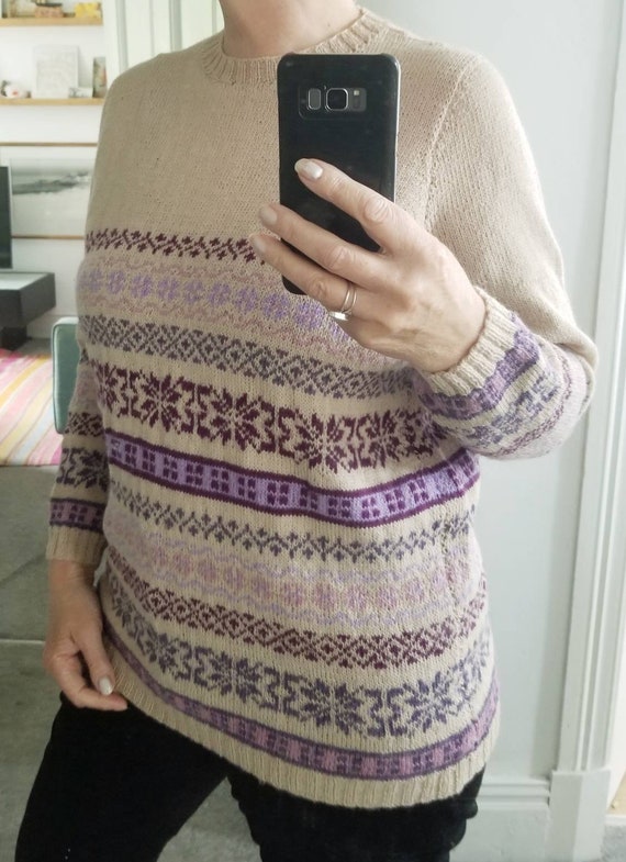 Hand knitted wool fairisle sweater beige purple p… - image 1