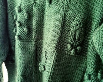 Deep emerald green handknit textured long wool acrylic mix sweater unisex L