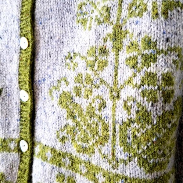 Reserved for Tina Exquisite handknit Rowan felted tweed grey blue mottled chartreuse cardigan by Marie Wallin M