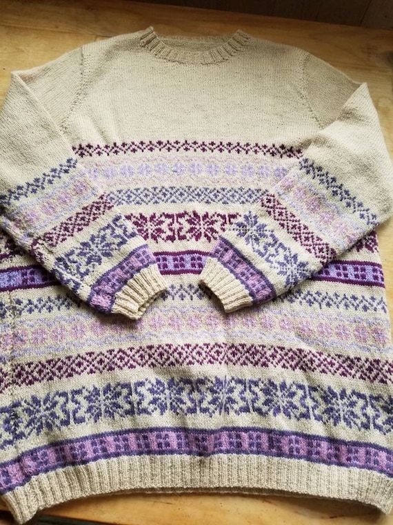 Hand knitted wool fairisle sweater beige purple p… - image 4