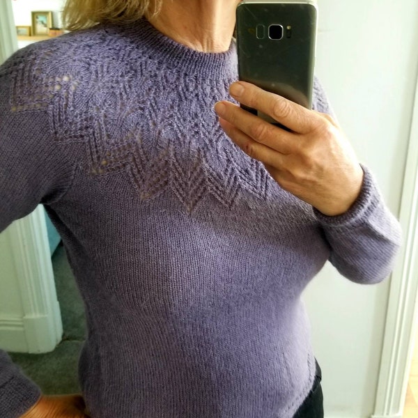 Shetland 2 ply hand knit lacey yolk sweater in deep lilac blue. M