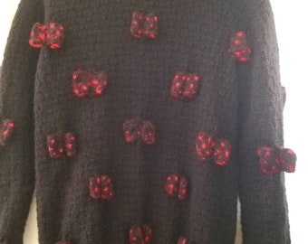 Patricia Roberts Chatanooga sweater in black with red polka dot bows M