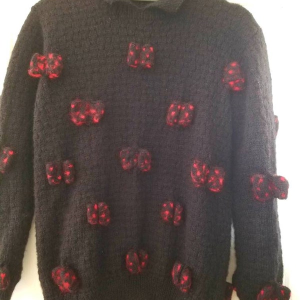 Patricia Roberts Chatanooga sweater in black with red polka dot bows M