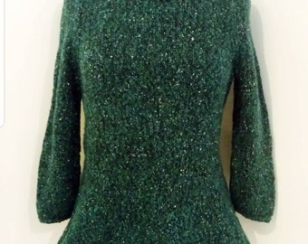 Debbi Bliss handknitted shaped unworn sample sweater M flecked forest green nubbly cotton wool mix