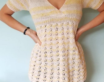 Rowan handknitted sample summer tweed tunic sweater yellow cream lacy stripe S