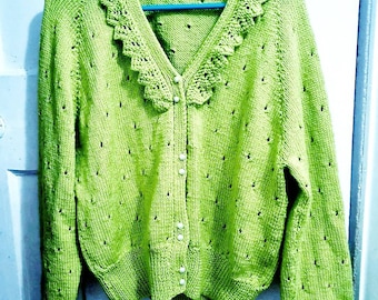 Soft spring green cotton handknit eyelet stitch cardigan with lacy collarand pearl buttons XL