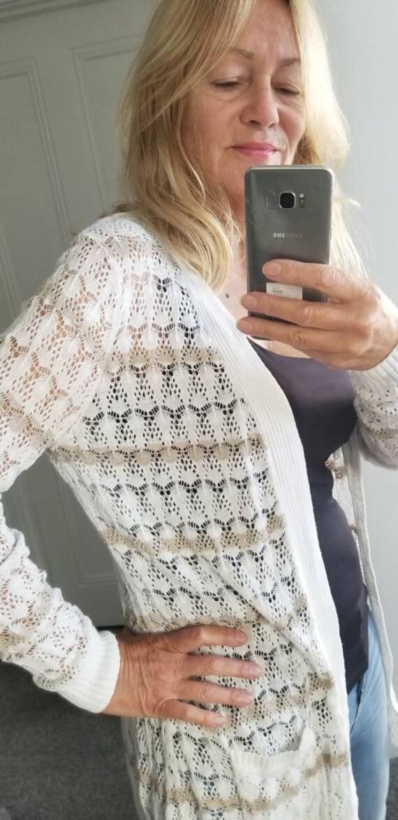 redbeachgirl Edina Ronay White Gold Linen Cotton Lace Long Cardigan 70s Era L