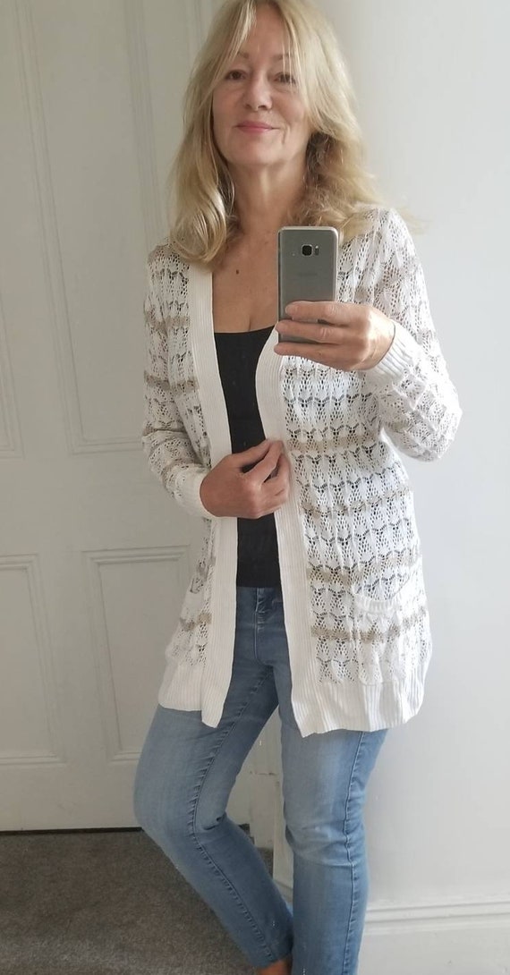 redbeachgirl Edina Ronay White Gold Linen Cotton Lace Long Cardigan 70s Era L