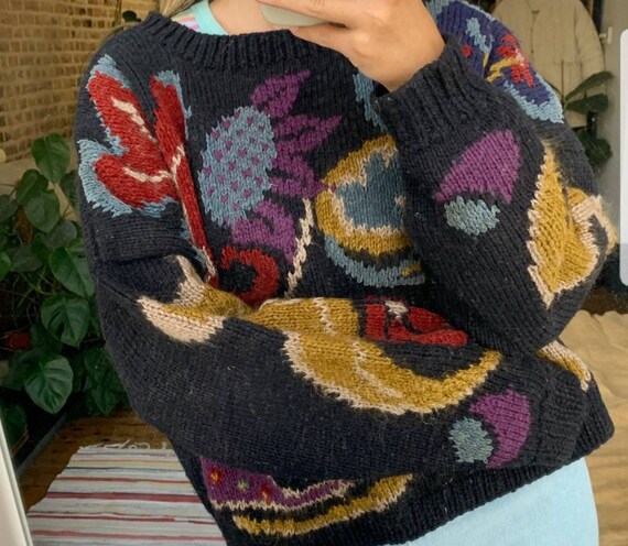 Gorgeous bold floral wool chenille mohair handknit