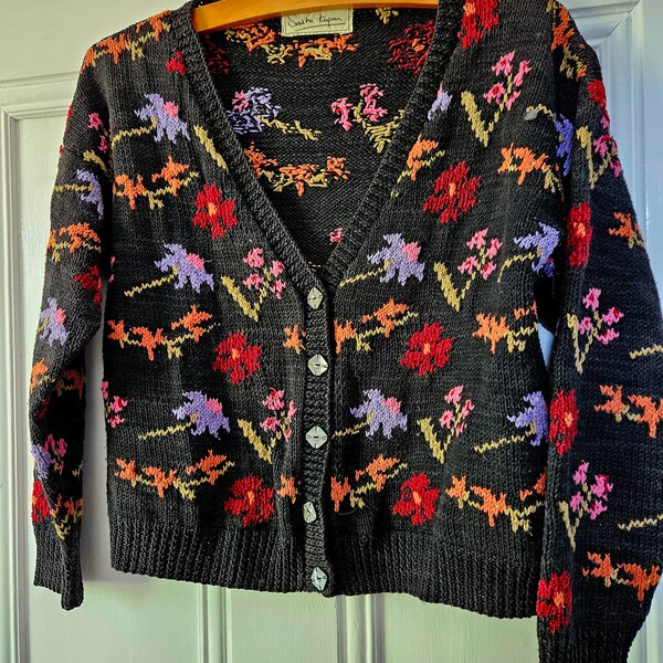 Sasha Kagan black floral cotton handknit cardigan M/L Wild Flowers