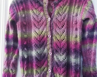 Cosy variegated cable bubble cardigan in greens and heathers M