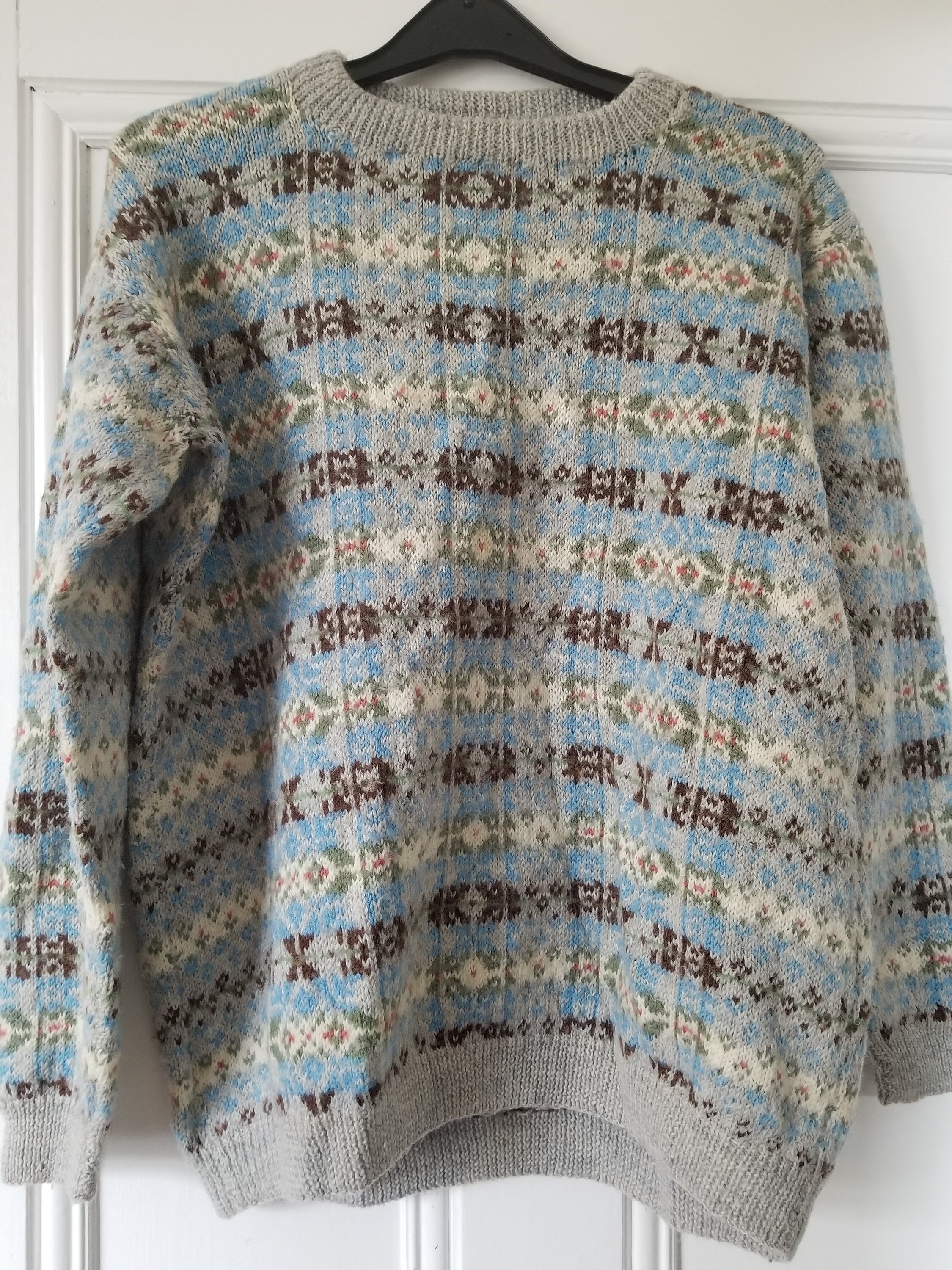 redbeachgirl Sale 30 % Off Beautiful Handknitted Vintage Fairisle 2 Ply Sweater Grey Blue White Pink Sage Toast Brown Unisex M L