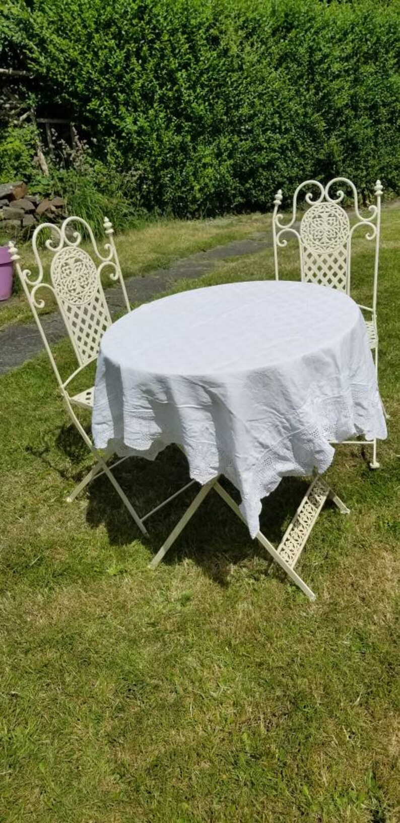 Antique White Cotton Linen Mix Tablecloth With Handmade Fine Crochet Lace Edging Excellent Condition