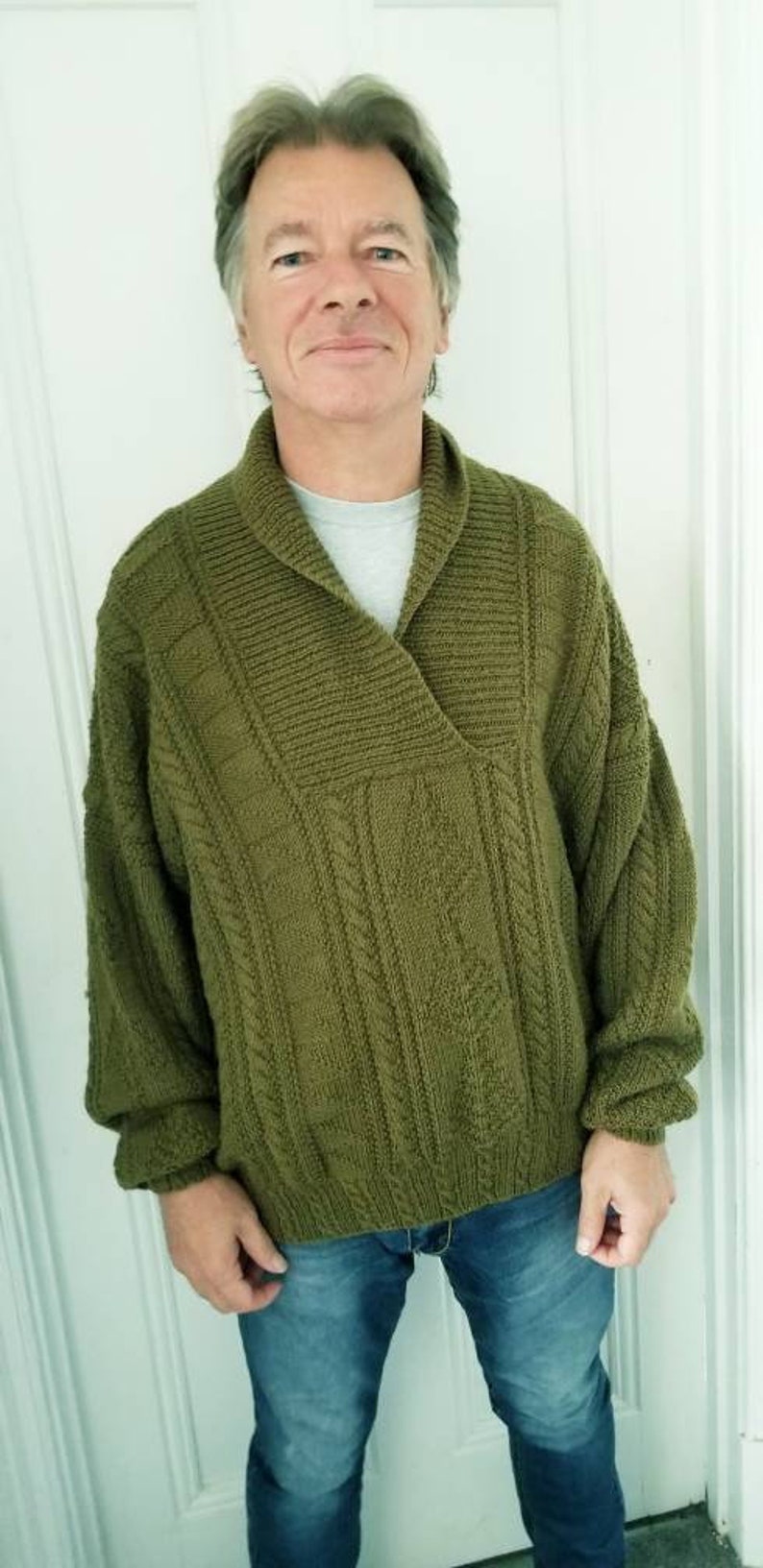 Hand Knitted Khaki Green Wool Shawl Collar Pullover Sweater. L - Etsy