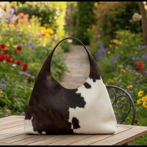May include: A cowhide shoulder bag with a curved handle. The bag features a distinctive pattern of brown and white patches. The bag is sitting on a wooden table in front of a garden with colorful flowers.