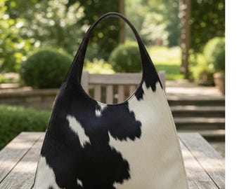 May include: A black and white cowhide tote bag with a single shoulder strap. The bag has a curved top and a triangular shape. The background is a blurred outdoor scene with greenery.