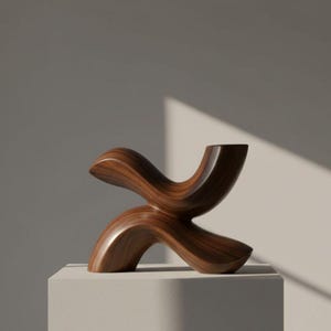 May include: A modern, abstract wooden sculpture with a flowing, curved design. The sculpture is made of dark brown wood and sits on a white pedestal. The piece has a smooth, polished finish and is illuminated by natural light.