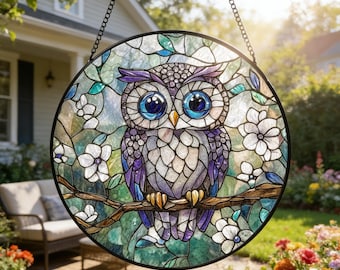 Adorno colgante de vidriera con forma de búho, atrapasol de búho, decoración para interiores y exteriores, hogar y jardín.