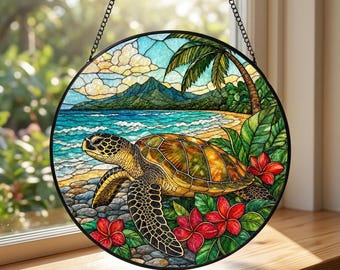 Stained Glass Sea Turtle Suncatcher , Beach Coastal Window Hanging, Ocean Glass Art,Beach House Decor