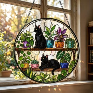 Attrape-soleil chat noir en vitrail, décoration de fenêtre chat douillet, attrape-soleil botanique, cadeau pour les amoureux des chats, décoration de jardin et d'intérieur