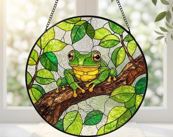 Atrapasueños de vitral con forma de rana, adorno colgante de ventana con forma de rana, inspirado en animales, regalo de inauguración de casa, regalo para ella, decoración para el hogar, jardín y patio.