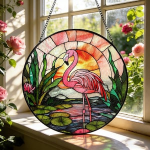 Handmade Flamingo Stained Glass Sun Catcher,Bird Window Hanging,Home Garden Glass Art