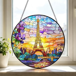 Eiffel Tower Suncatcher,Floral Paris Stained Glass Window Hanging,Paris Ornament,Indoor Decor,Idea Gift