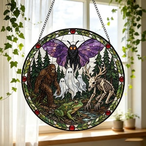 Könnte beinhalten: Ein runder Buntglas-Suncatcher mit einem Mothman mit violetten Flügeln, einem braunen Bigfoot, drei weißen Geistern, einem grünen Frosch und einem skelettierten Hirschwesen in einem Wald. Der Rand ist mit grünen Blättern und roten Akzenten verziert.