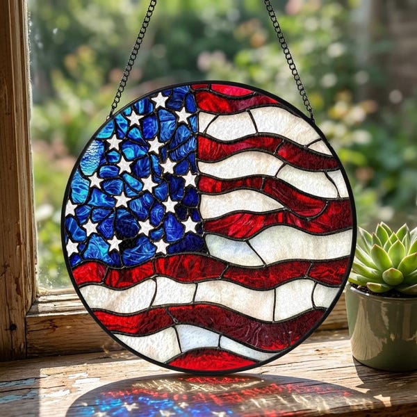 American Flag Stained Glass Suncatcher,Patriotic Window Art,Vintage Veteran Army Decor,Veteran Day Gift