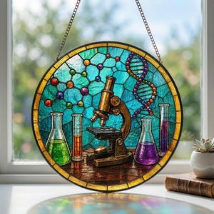 Könnte beinhalten: Ein runder Buntglas-Sonnenfänger mit einem zentralen bronzefarbenen Mikroskop, zwei Erlenmeyerkolben mit grüner und violetter Flüssigkeit, zwei Messzylindern mit orangefarbener und violetter Flüssigkeit, einer DNA-Helix und einer Molekülstruktur.
