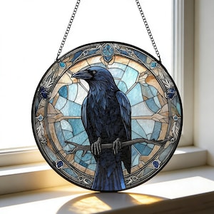 Atrapasueños de vidrieras con forma de cuervo negro, adorno gótico para ventana, decoración de jardín, atrapasueños de pájaros, regalo de Halloween