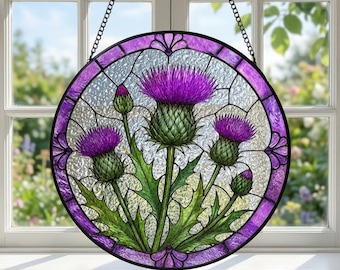 Sonnenfänger mit lila Distelmotiv, Wandbehang für Buntglasfenster, Botanische Dekoration mit Schottlands Nationalblume, Geschenk für Distelliebhaber