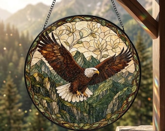Bald Eagle Sun Catcher ,Mountain  Scene Stained Glass Window Art
