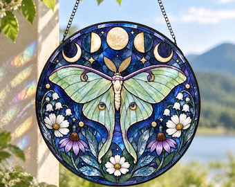 Luna Moth Butterfly Stained Glass Suncatcher, Celestial Window Hanging, Wildflower Floral Sun Catcher, Witchy Boho Home Decor