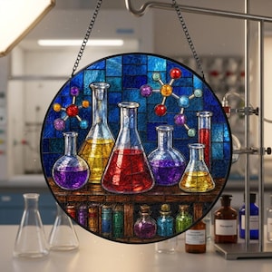 Op de afbeelding: Een cirkelvormig glas-in-loodpaneel met een laboratoriumscène met diverse glazen bekers en kolven gevuld met gekleurde vloeistoffen, waaronder rood, geel en paars. Moleculaire structuren zijn afgebeeld op de achtergrond tegen blauwe tegels.