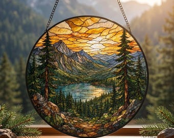 Stained Glass Mountain Suncatcher, Mountain Stream Stained Glass Decor,Nature Landscape Ornament