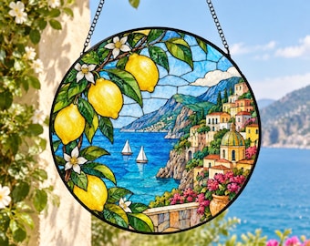 Sonnenfänger mit Zitronenmotiv an der Amalfiküste, Fensterdekoration im italienischen Küstenstil, mediterrane Zitronen-Zitrusdekoration, Sonnenfänger mit Blick auf Positano, Italien