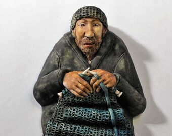 Knitting Figure Porcelain Wallhanging