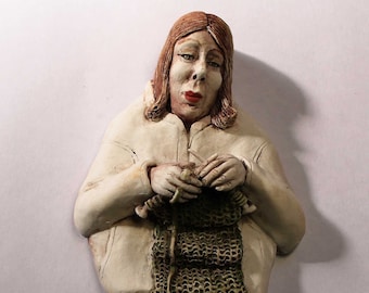 Knitting Figure Porcelain Wallhanging