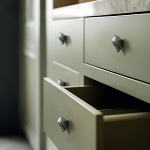 May include: Close-up of a sage green cabinet with multiple drawers. Each drawer features a silver, leaf-shaped handle. One drawer is open, revealing the dark interior. The cabinet is part of a larger kitchen or storage unit.