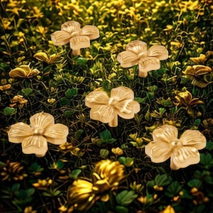 Op de afbeelding: Goudkleurige bloemvormige kastknoppen. De knoppen hebben een ontwerp met vier bloembladen en een centraal, afgerond detail. Ze zijn geplaatst tegen een achtergrond van groen gebladerte en gele bloemen, wat een natuurlijk, decoratief thema creëert.