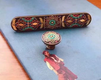 Handcrafted Nepal Brass Inlay Knob – Vintage Boho Mosaic Furniture Handle