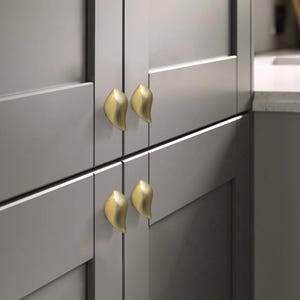 May include: Close-up of four gold leaf-shaped cabinet knobs on gray cabinet doors. The knobs are arranged in pairs, with two knobs on each set of doors. The cabinet doors are a neutral gray color, and the knobs provide a contrasting metallic accent.