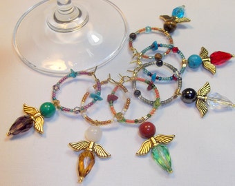 Crystal Angel Wine Glass Charms, with natural crystal beads and gold-plated wings.