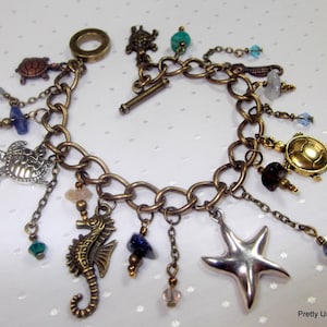 Crystal Ocean Themed Charm Bracelet in Vintage Bronze or Silver